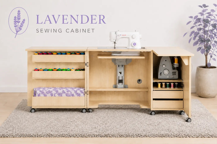 The Lavender sewing cabinet — compact craft furniture with electric machine lift