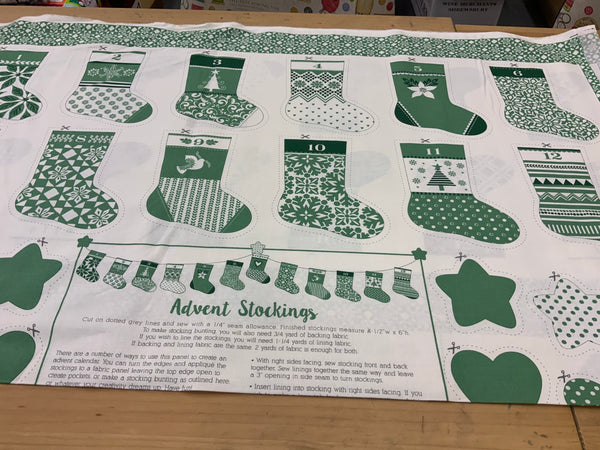 XP034 Green advent Stocking Bonding Christmas Panel Kate Spain for Moda