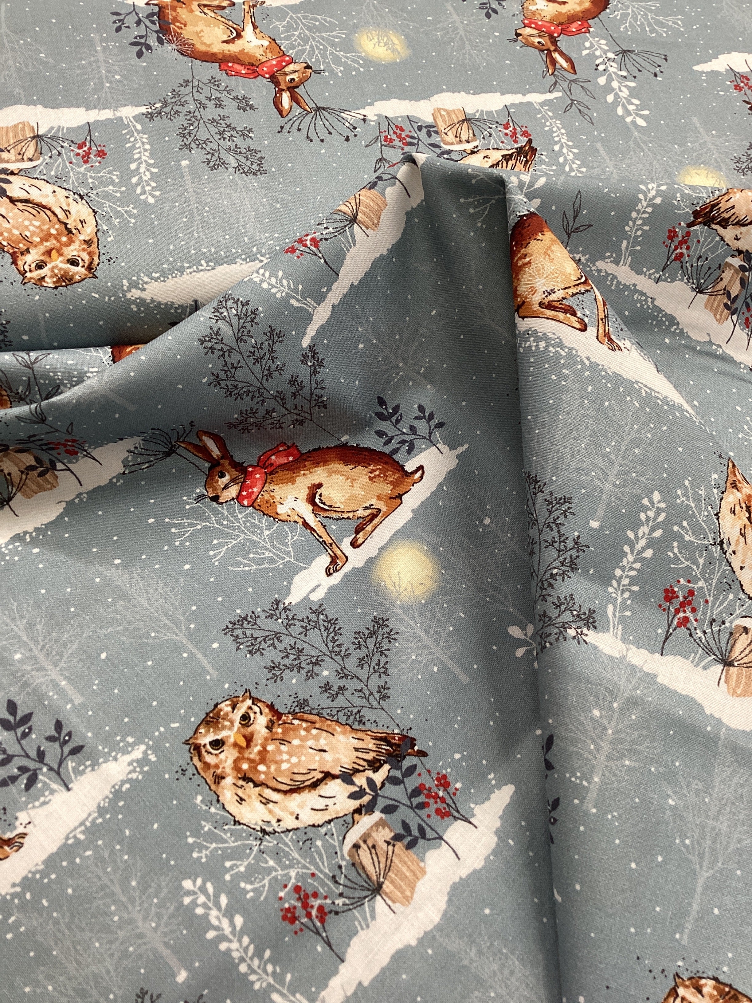 X120 101-Owl & Hare- Winter Moon by Susan Wheeler Designs | Nutex - 1/2 metre