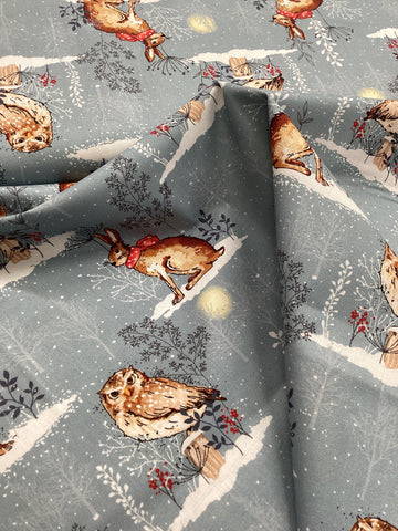 X120 101-Owl & Hare- Winter Moon by Susan Wheeler Designs | Nutex - 1/2 metre