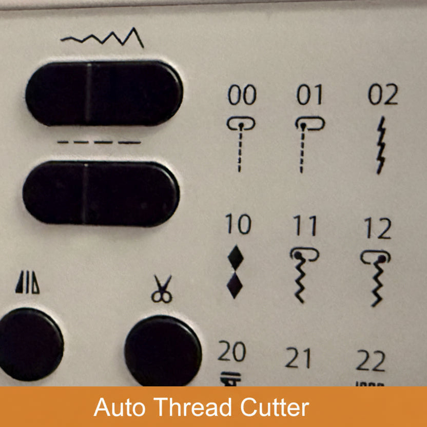 Control panel of a sewing machine with buttons and stitch selection symbols and an Auto Thread Cutter Button