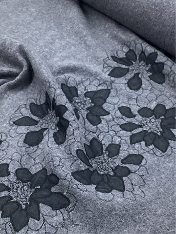 Odessa 497 - Embroidered Flowers on Grey | Wool Mix Fabric - 1 Metre