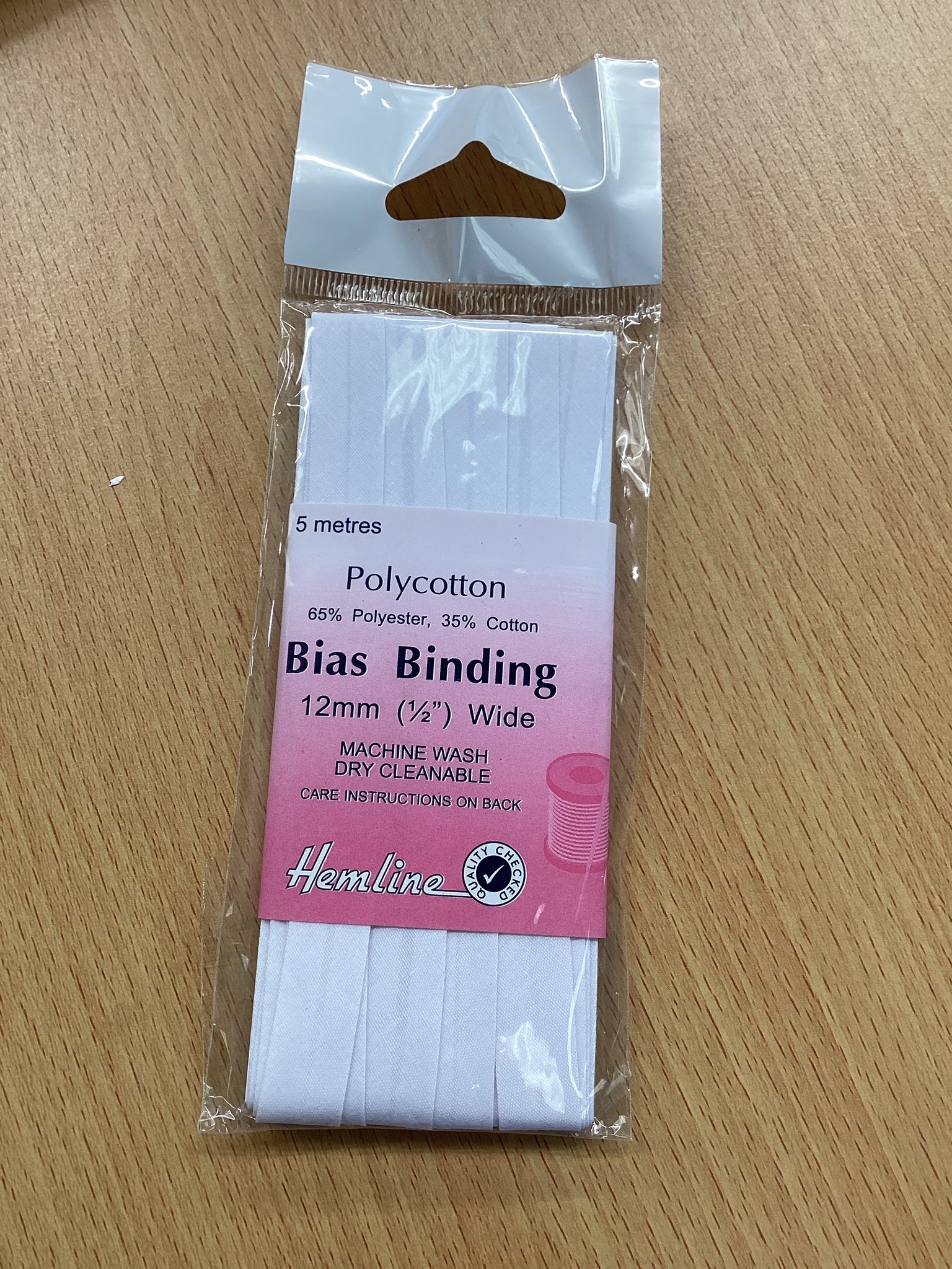 Hemline Bias Binding: White 5m x 12mm