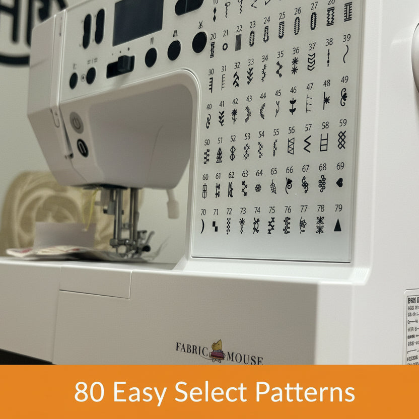 Close-up of a sewing machine with 'Fabric Mouse' branding and computerised 80 pattern selection display