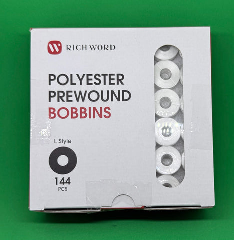 Richword White Prewound Bobbin Thread Size L | 144 Plastic Bobbins 75D/2 120wt