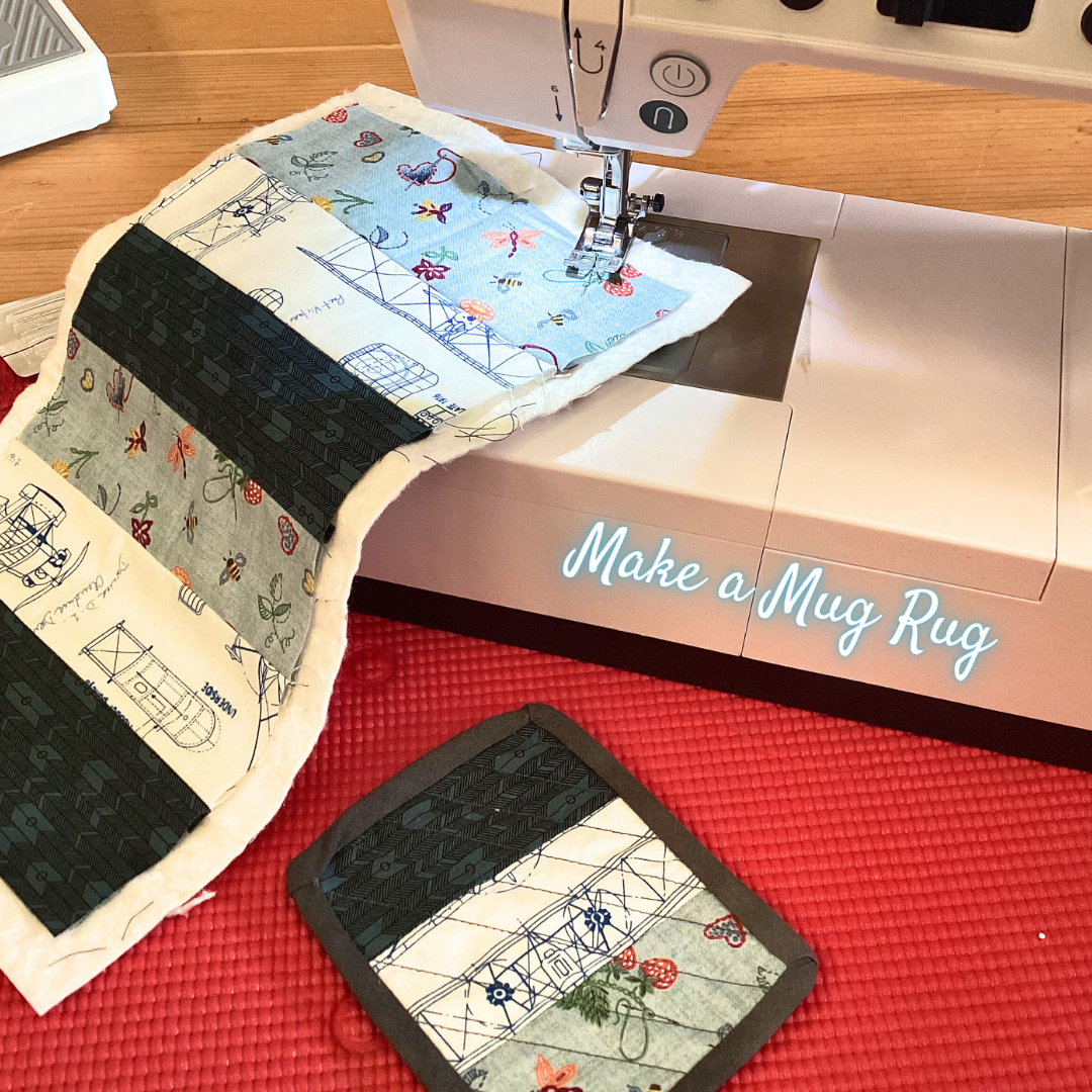 Sewing machine with a mug rug project on a red surface