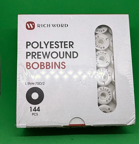 Richword Pre-wound Bobbin Thread Size L | 144 Paper Sided - 75D/2 120wt White