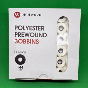 Richword Pre-wound Bobbin Thread Size L | 144 Sideless - 70D/2 60wt White