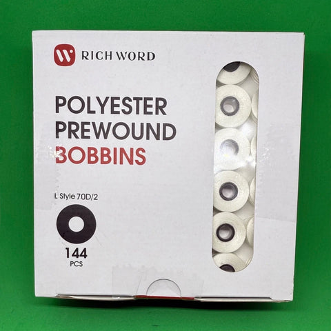 Richword Pre-wound Bobbin Thread Size L | 144 Sideless Magnetic - 70D/2 60wt White
