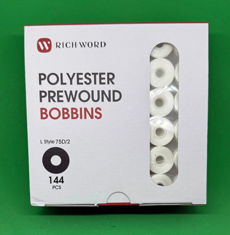 Richword Pre-wound Bobbin Thread Size L | 144 Sideless - 75D/2 120wt White