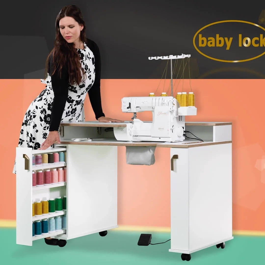 Baby Lock sewing cabinet demo model in white with pull-out thread rack
