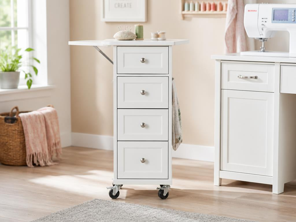 The Four Drawer Caddy — so fine quality white four-drawer sewing storage cabinet with fold-out back leaf