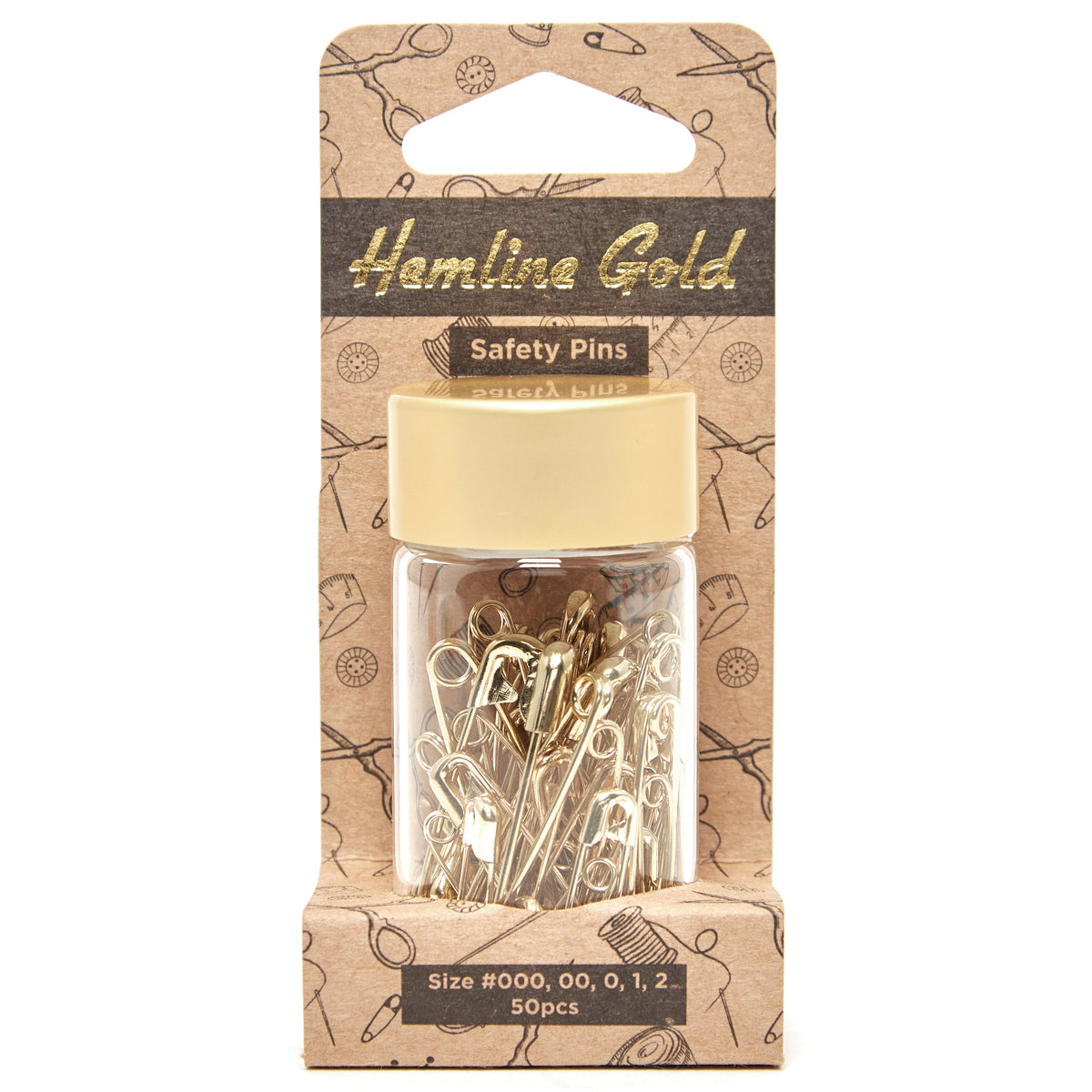 Hemline Gold assorted gold safety pins, 50 pieces in a glass jar