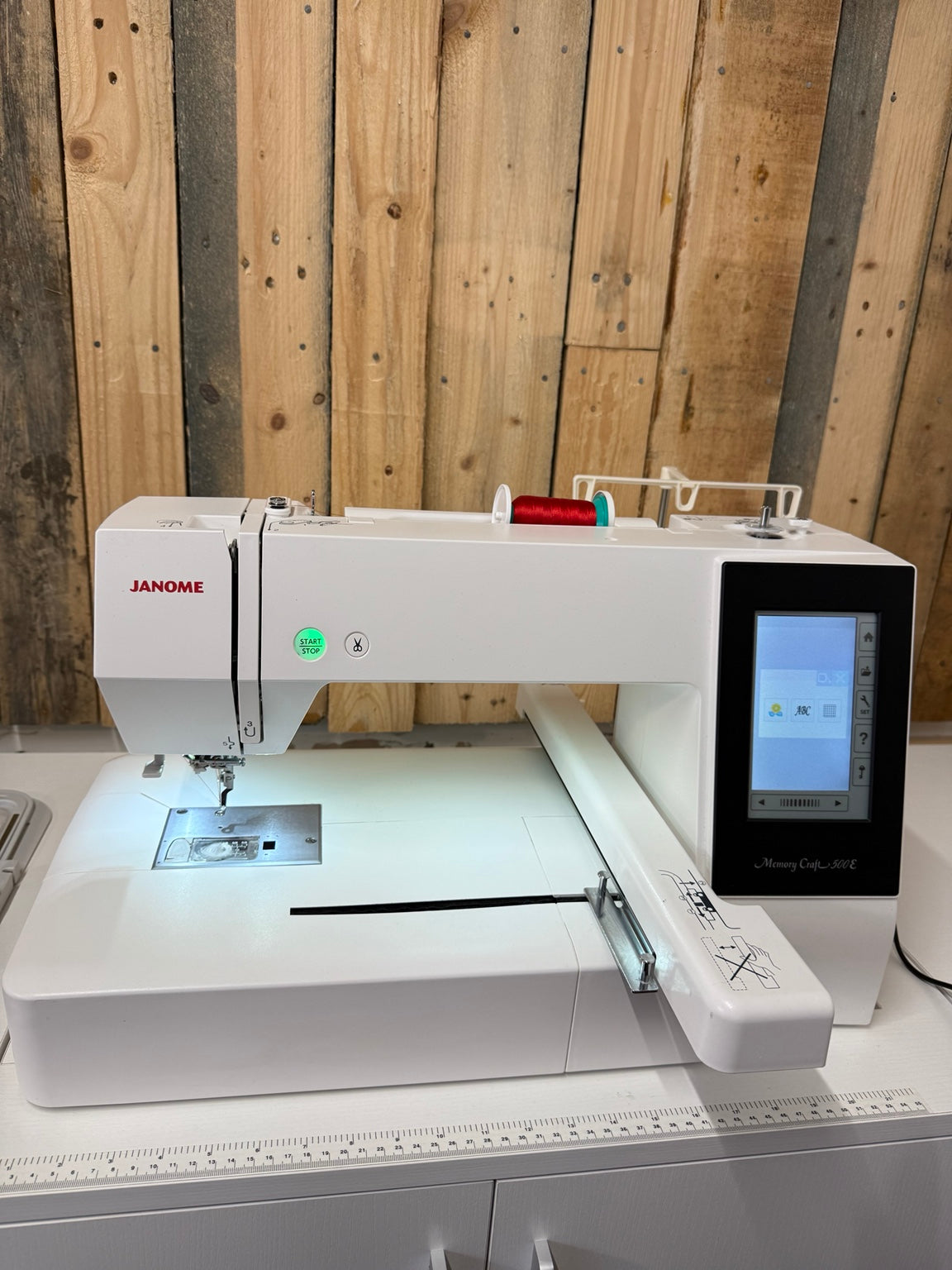 Actual pre-loved Janome Memory Craft 500E embroidery machine, front view