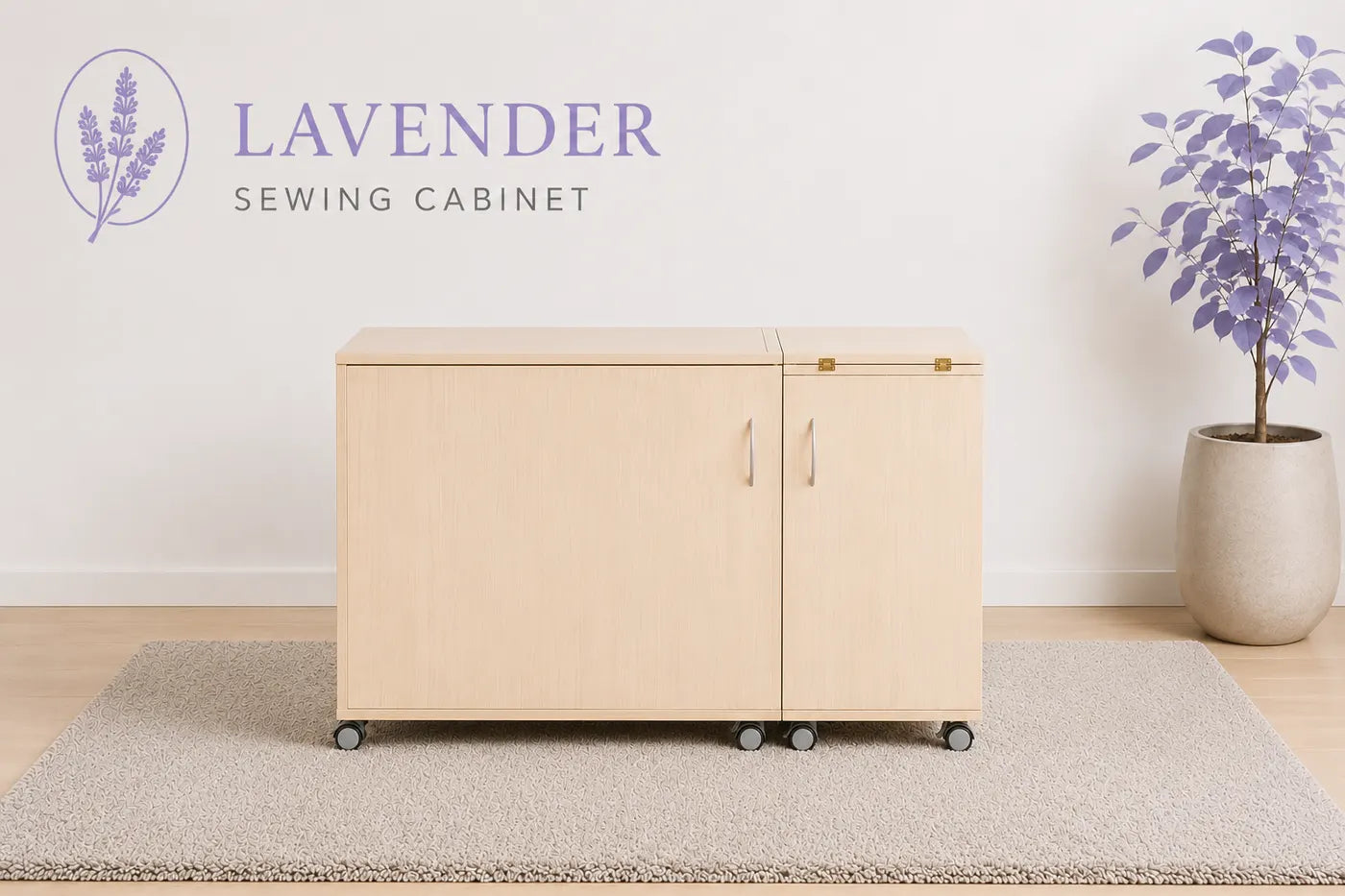 The Lavender sewing cabinet open showing internal storage and machine lift