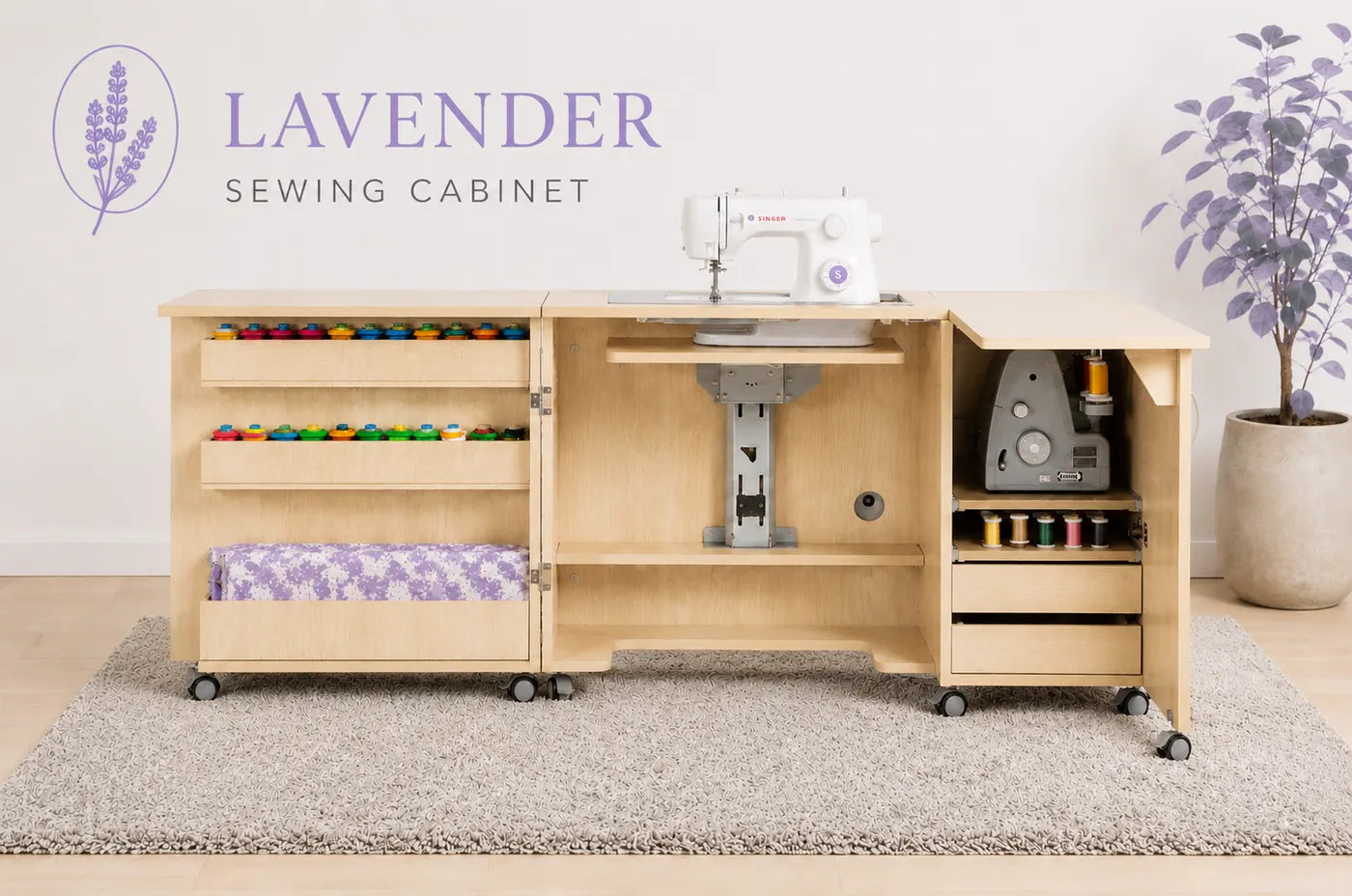 The Lavender sewing cabinet — compact craft furniture with electric machine lift