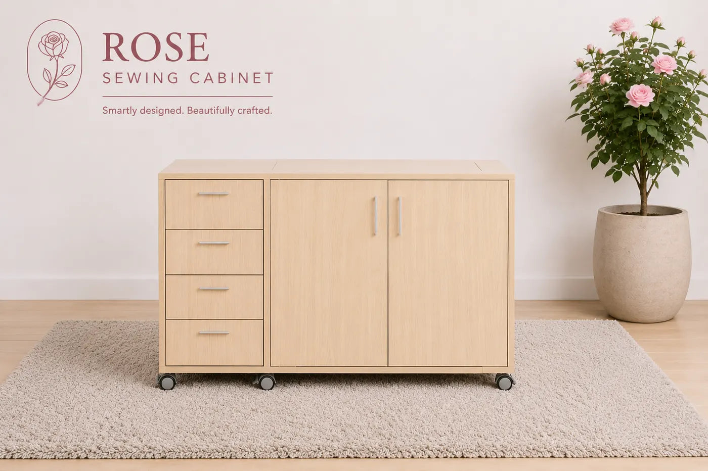 The Rose sewing cabinet closed — compact four-drawer craft furniture with cupboard doors