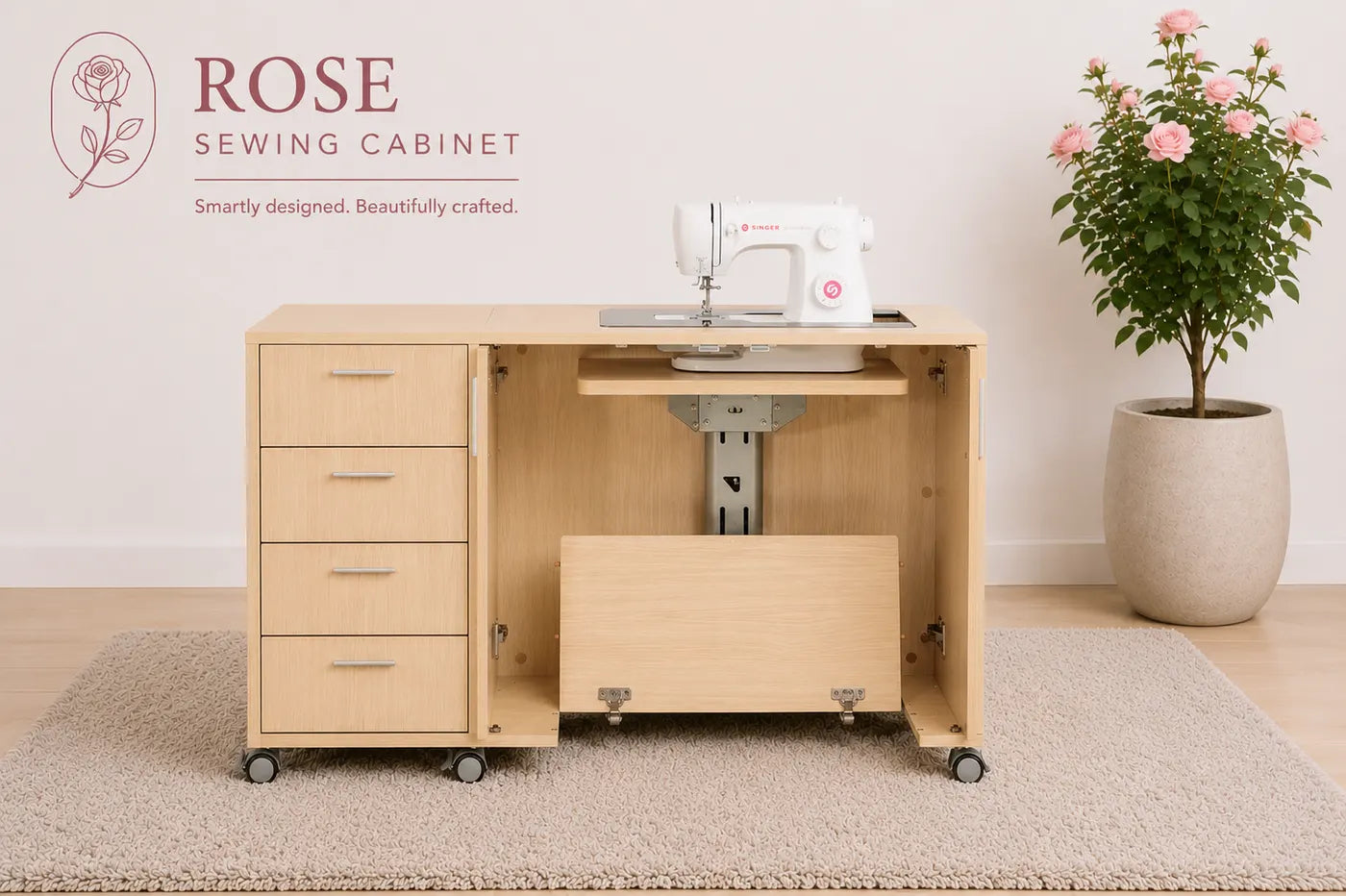 The Rose sewing cabinet open as a workstation with sewing machine raised on the lift and side extension