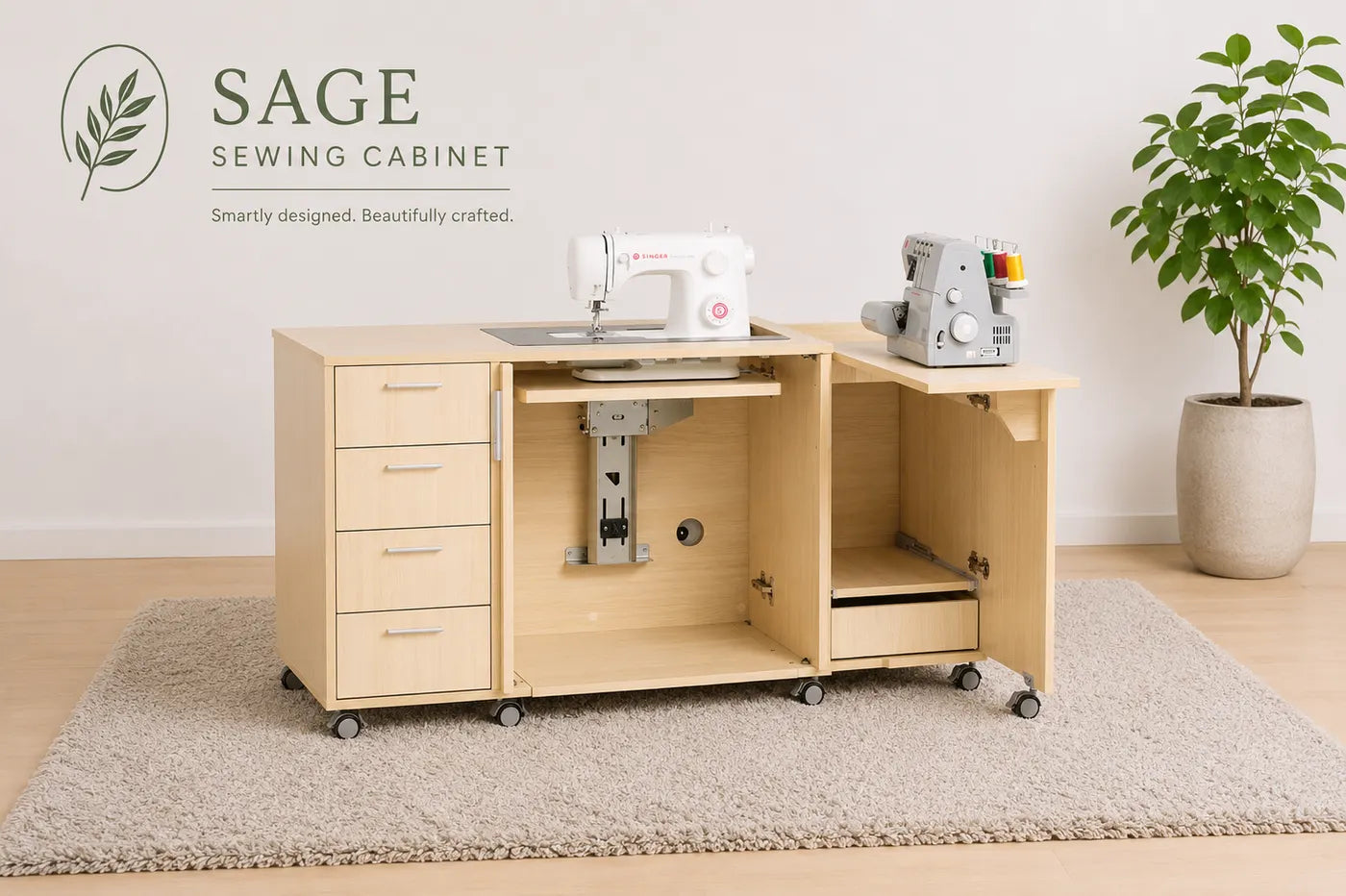 The Sage sewing cabinet open as a full workstation with sewing machine on the lift and overlocker on the side extension