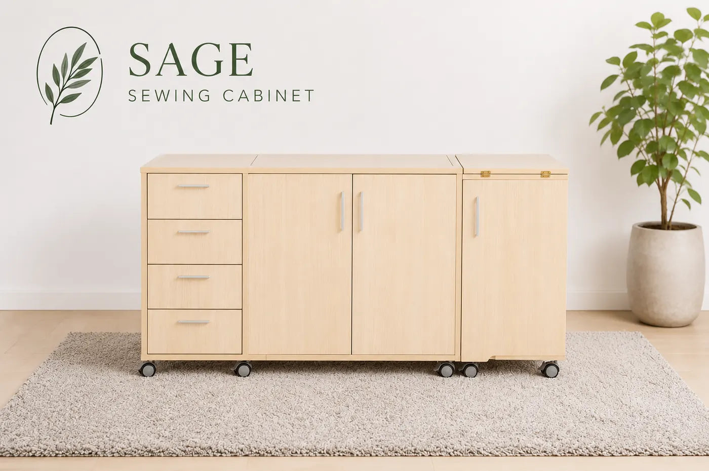 The Sage sewing cabinet closed — flagship craft furniture with thread storage and overlocker compartment