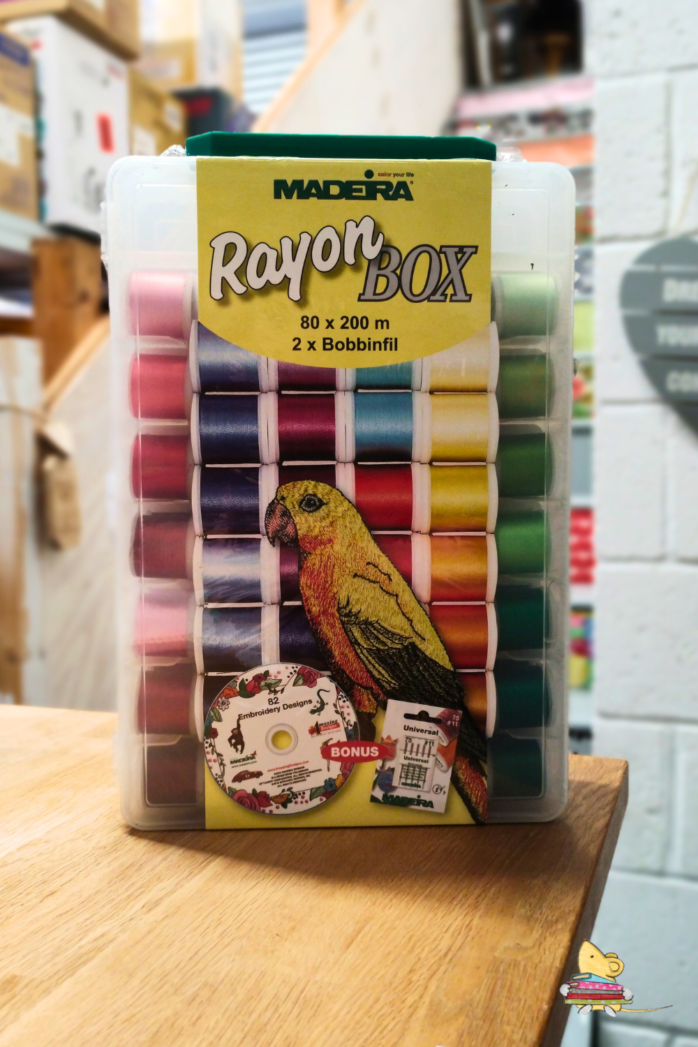 Madeira Rayon Tavel Box | 80x 200m Threads & 82 Embroidery Design Bonus CD