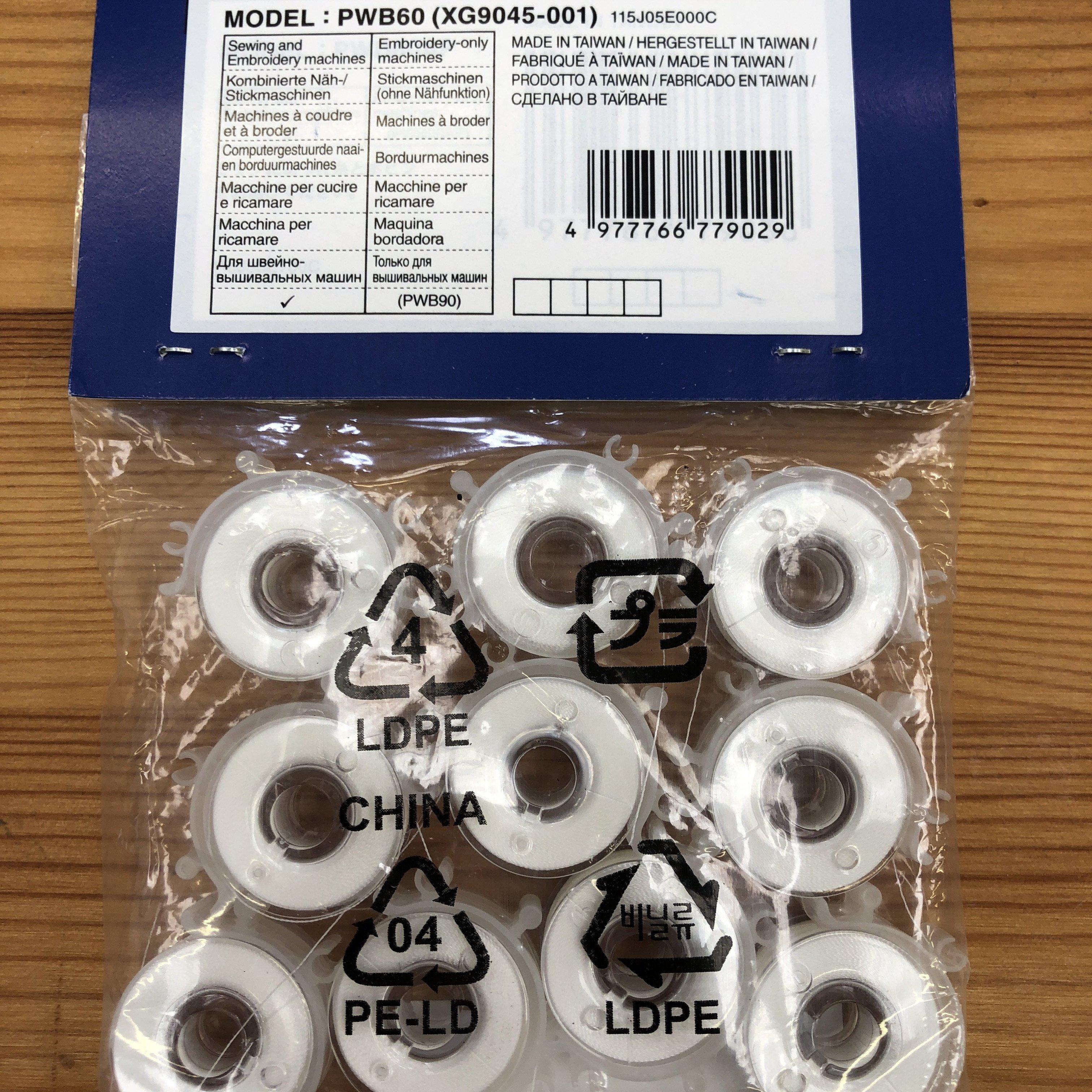 Brother Pre-Wound Bobbins 11.5mm 60w for Embroidery only Machines Pack of 10 White Brother Bobbins - Fabric Mouse