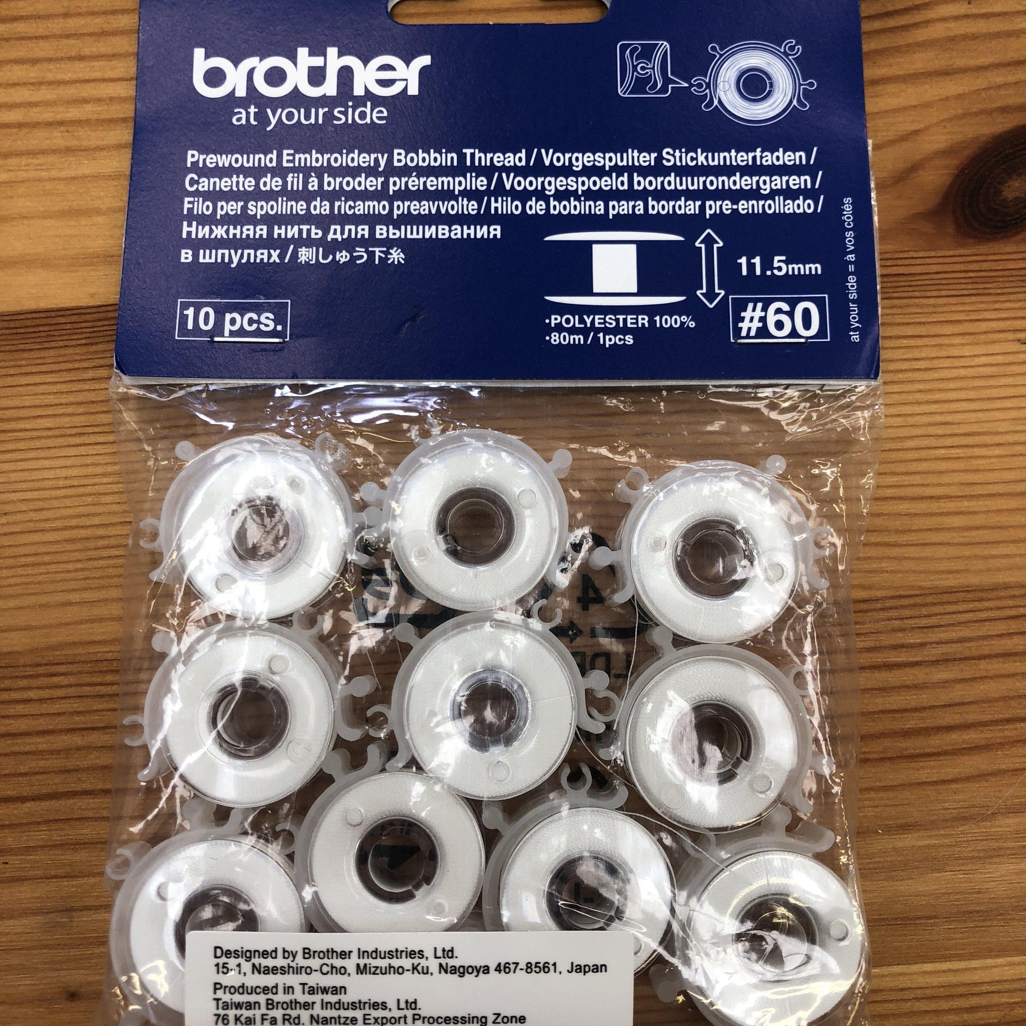 Brother Pre-Wound Bobbins 11.5mm 60w for Embroidery only Machines Pack of 10 White Brother Bobbins - Fabric Mouse