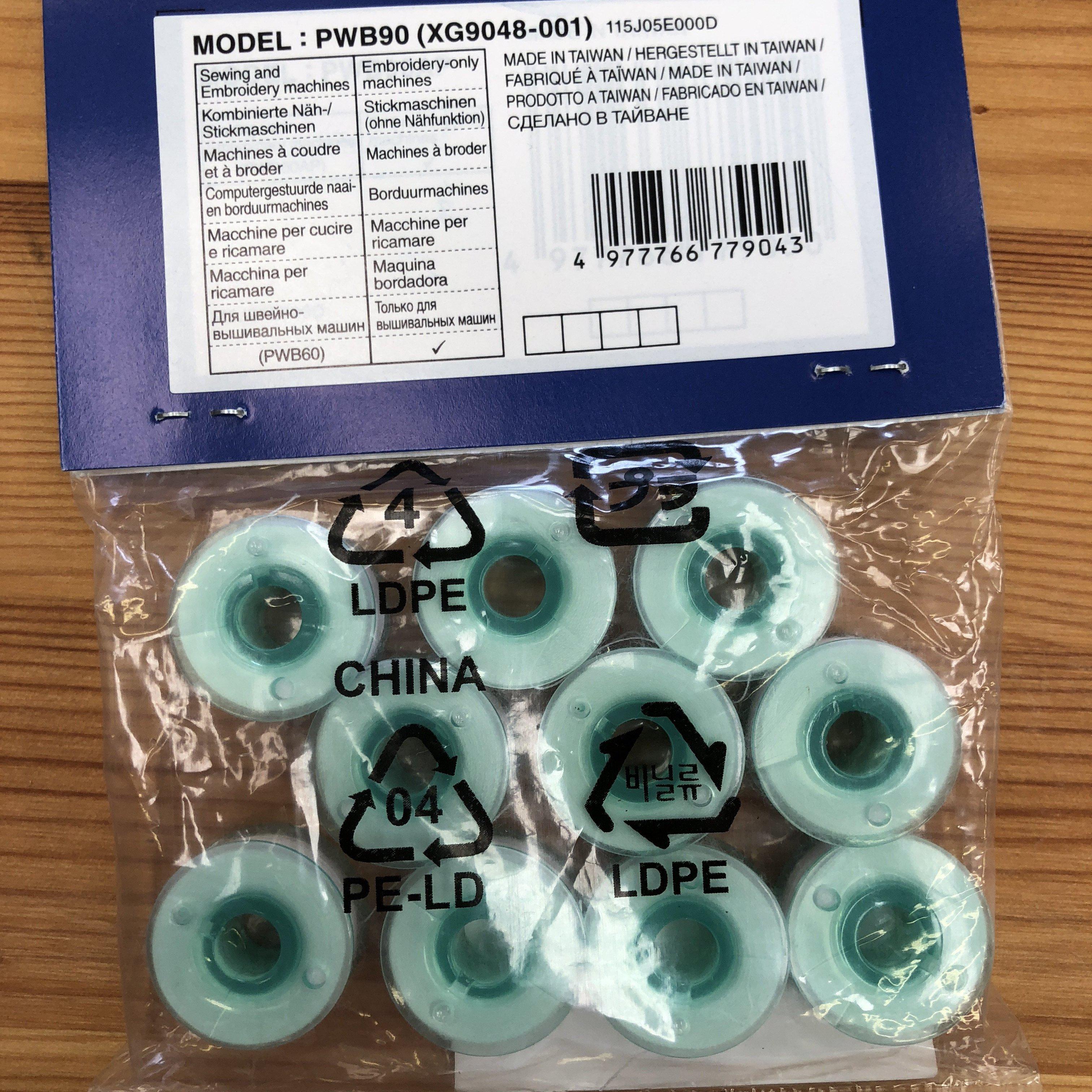 Brother Pre-Wound Bobbins 11.5mm PW90 Green for Sewing & Embroidery Machines Pack of 10 White Brother Bobbins - Fabric Mouse