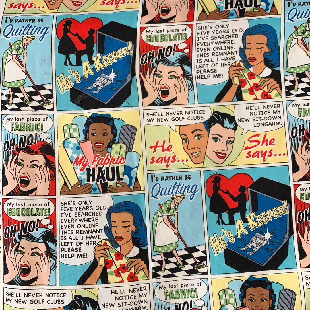 Comic Book Fabric - I'd Rather Be Quilting LFE01 - 1/2 Metre