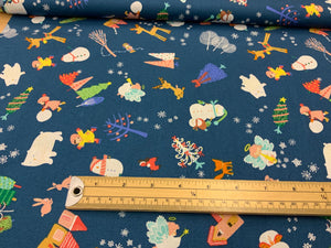 X070 - Moda - Christmas Eve - Navy with trees, Snowmen, kids, Angels and churches. - PER 50CM